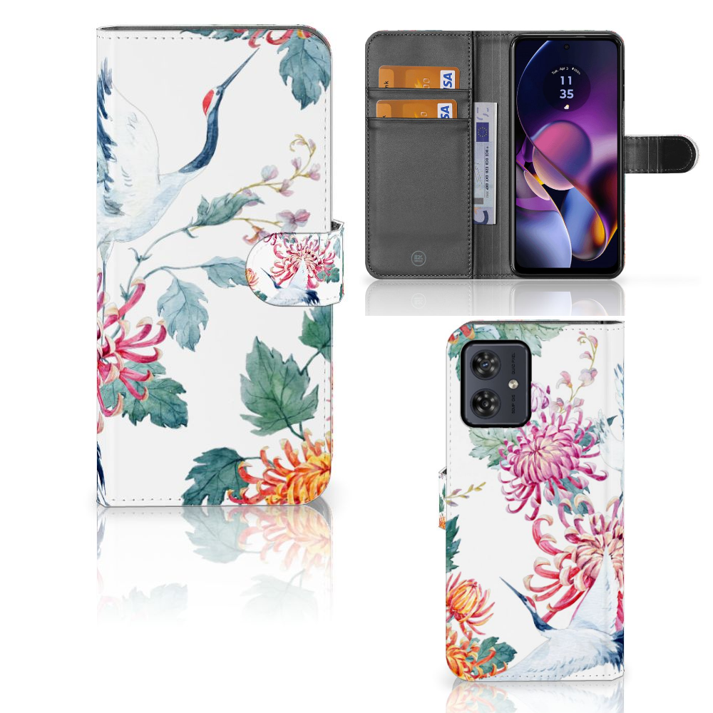 Motorola Moto G54 Telefoonhoesje met Pasjes Bird Flowers telefoonhoes boekhoes design aanzicht