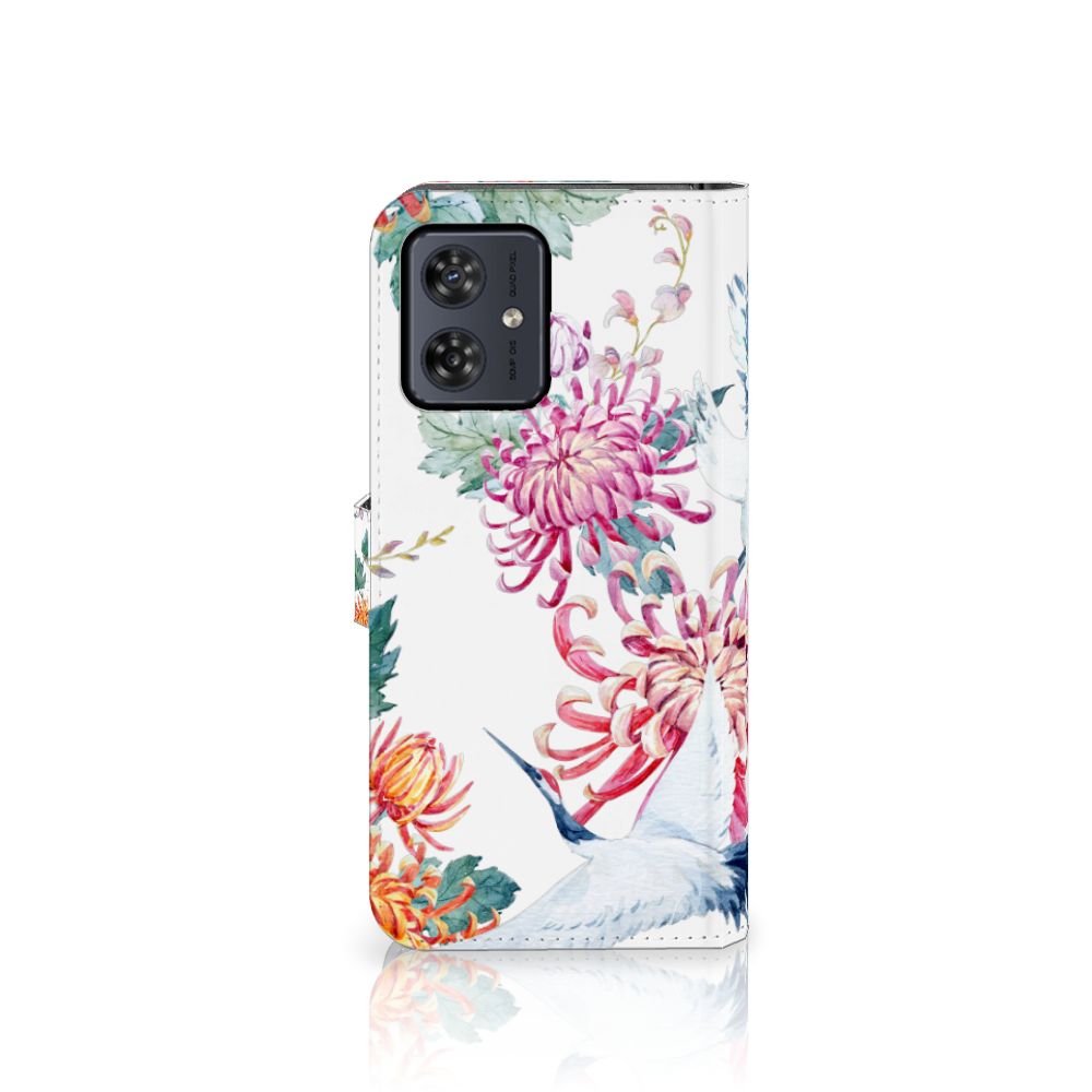 Motorola Moto G54 Telefoonhoesje met Pasjes Bird Flowers boekhoesje kleurrijke bloemen ooievaars achterzijde