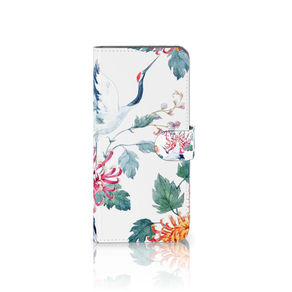 Motorola Moto G54 Telefoonhoesje met Pasjes Bird Flowers design ooievaar aanzicht