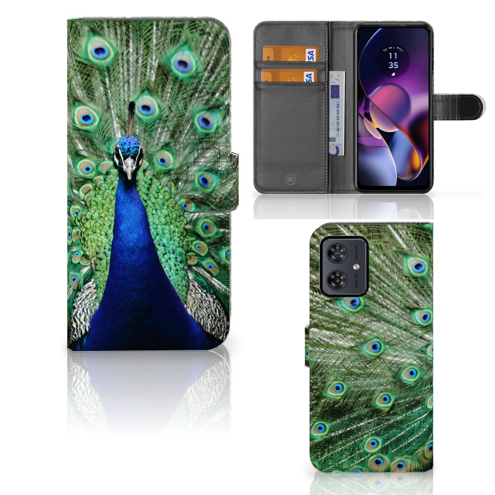 Motorola Moto G54 Telefoonhoesje met Pasjes Pauw design pauw aanzicht
