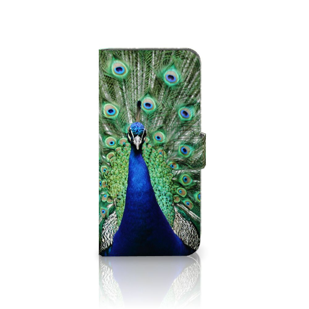 Motorola Moto G54 Telefoonhoesje met Pasjes Pauw boekhoesje paars groen voorkant