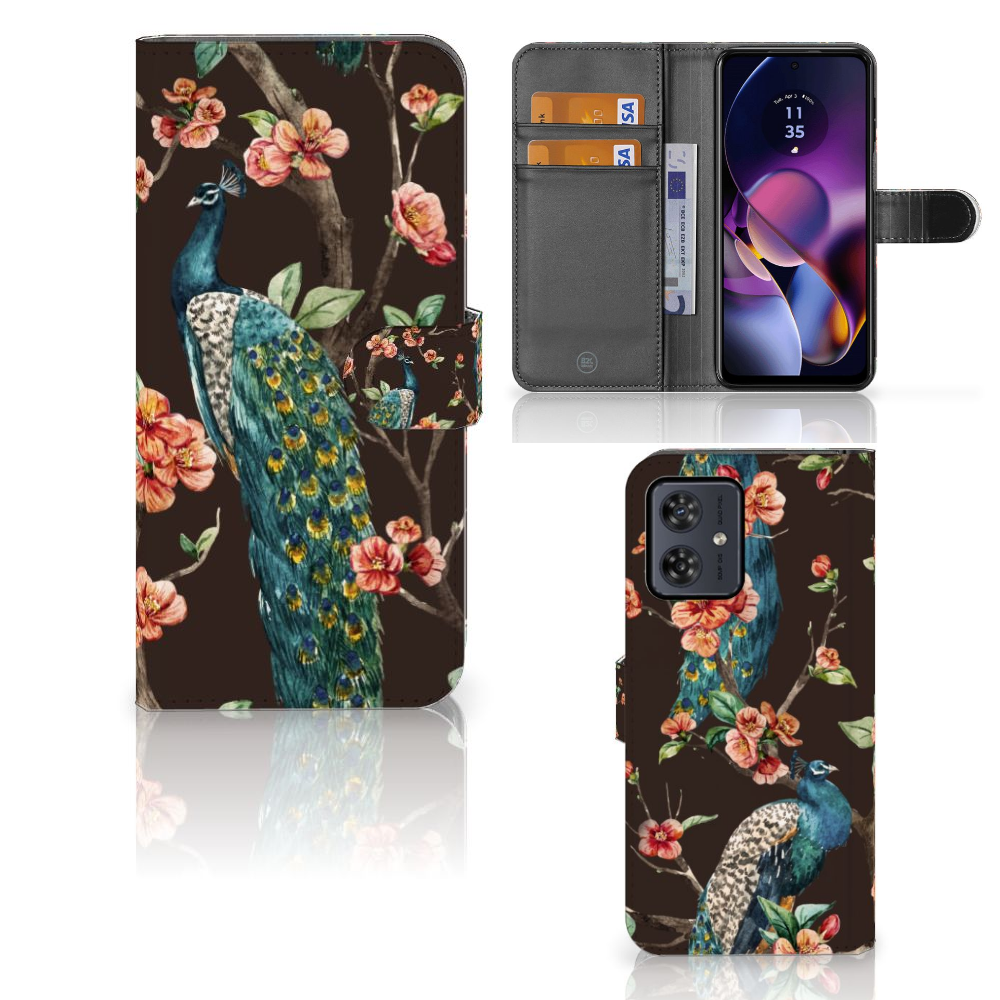 Motorola Moto G54 Telefoonhoesje met Pasjes Pauw met Bloemen design pauw bloemen aanzicht