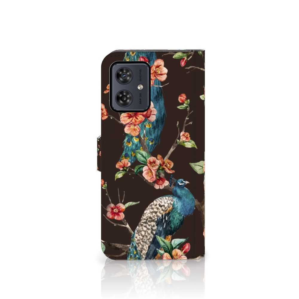 Motorola Moto G54 Telefoonhoesje met Pasjes Pauw met Bloemen telefoonhoesje pauw bloemen aanzicht