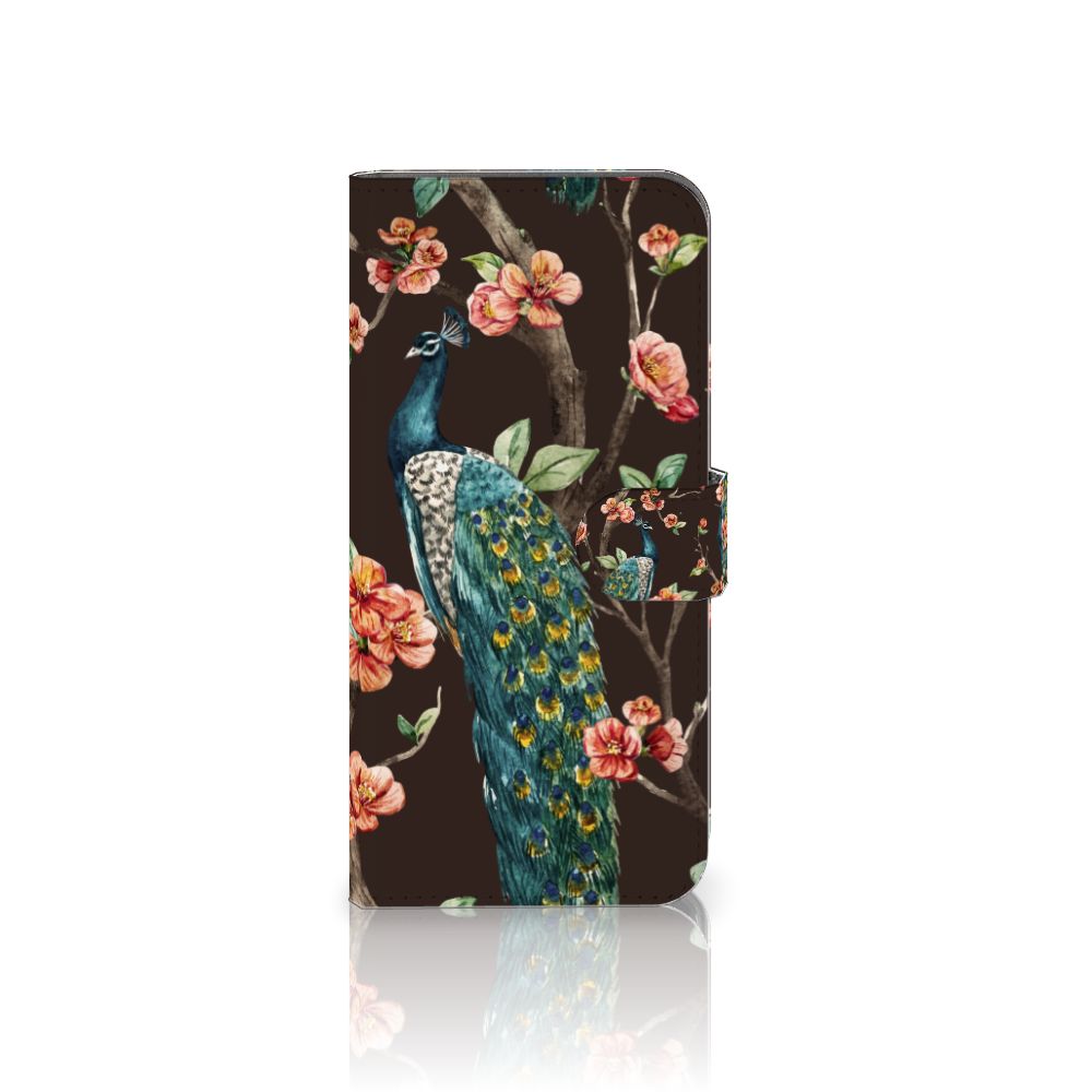 Motorola Moto G54 Telefoonhoesje met Pasjes Pauw met Bloemen telefoonhoesje pauw bloemen aanzicht