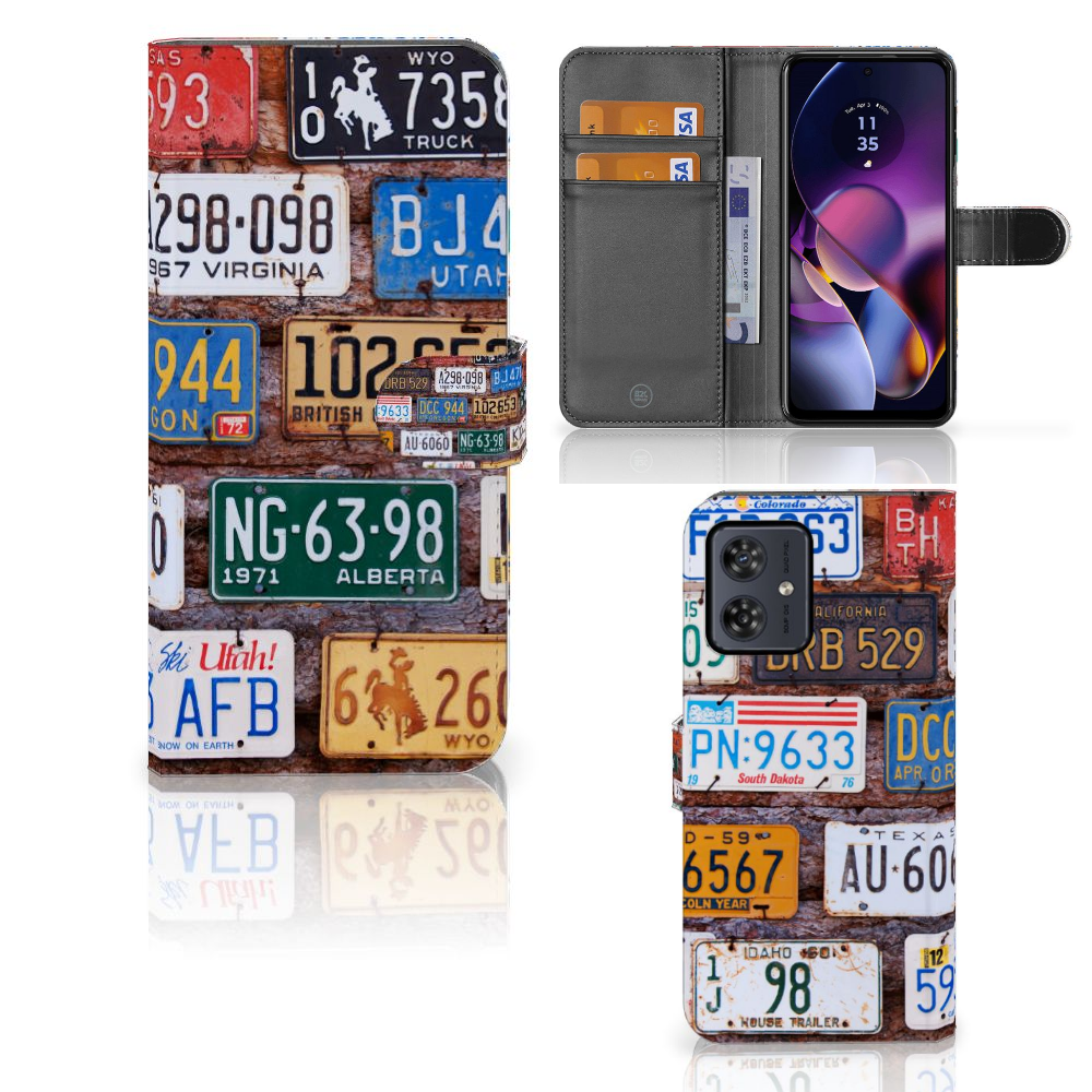 Motorola Moto G54 Telefoonhoesje met foto Kentekenplaten design collage aanzicht