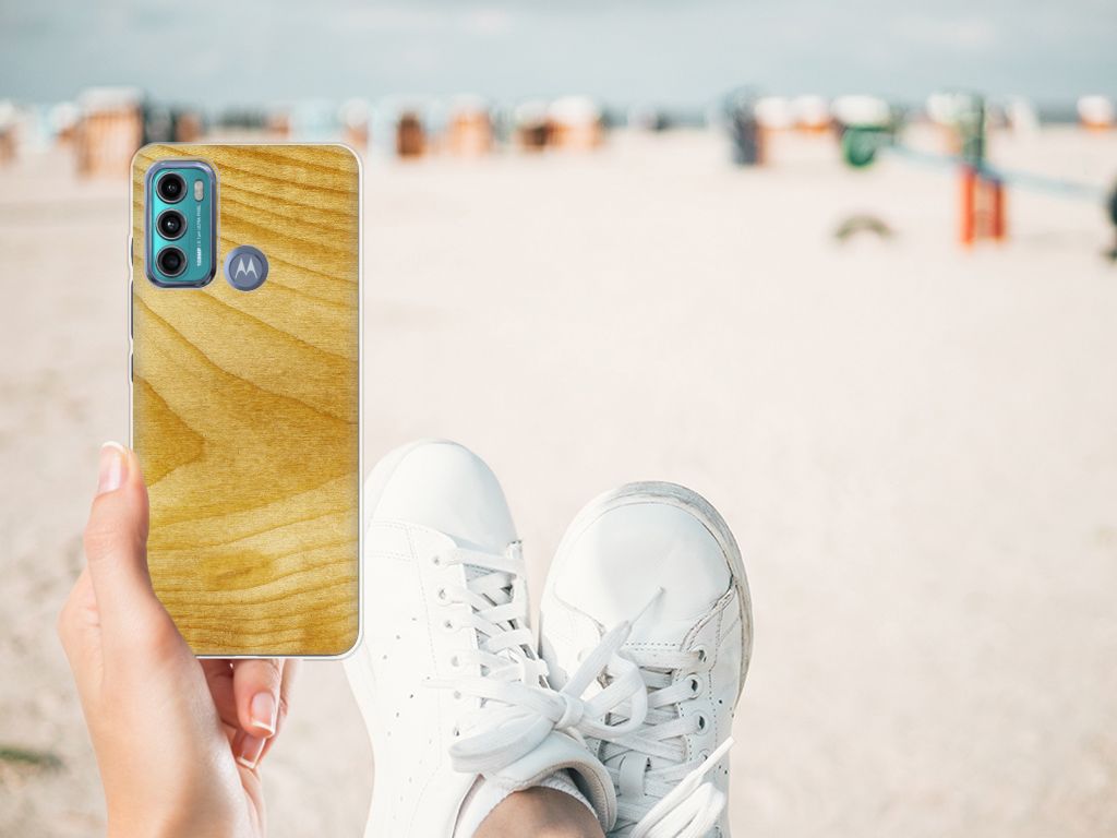 Motorola Moto G60 Bumper Hoesje Licht Hout achterzijde strand sneakers