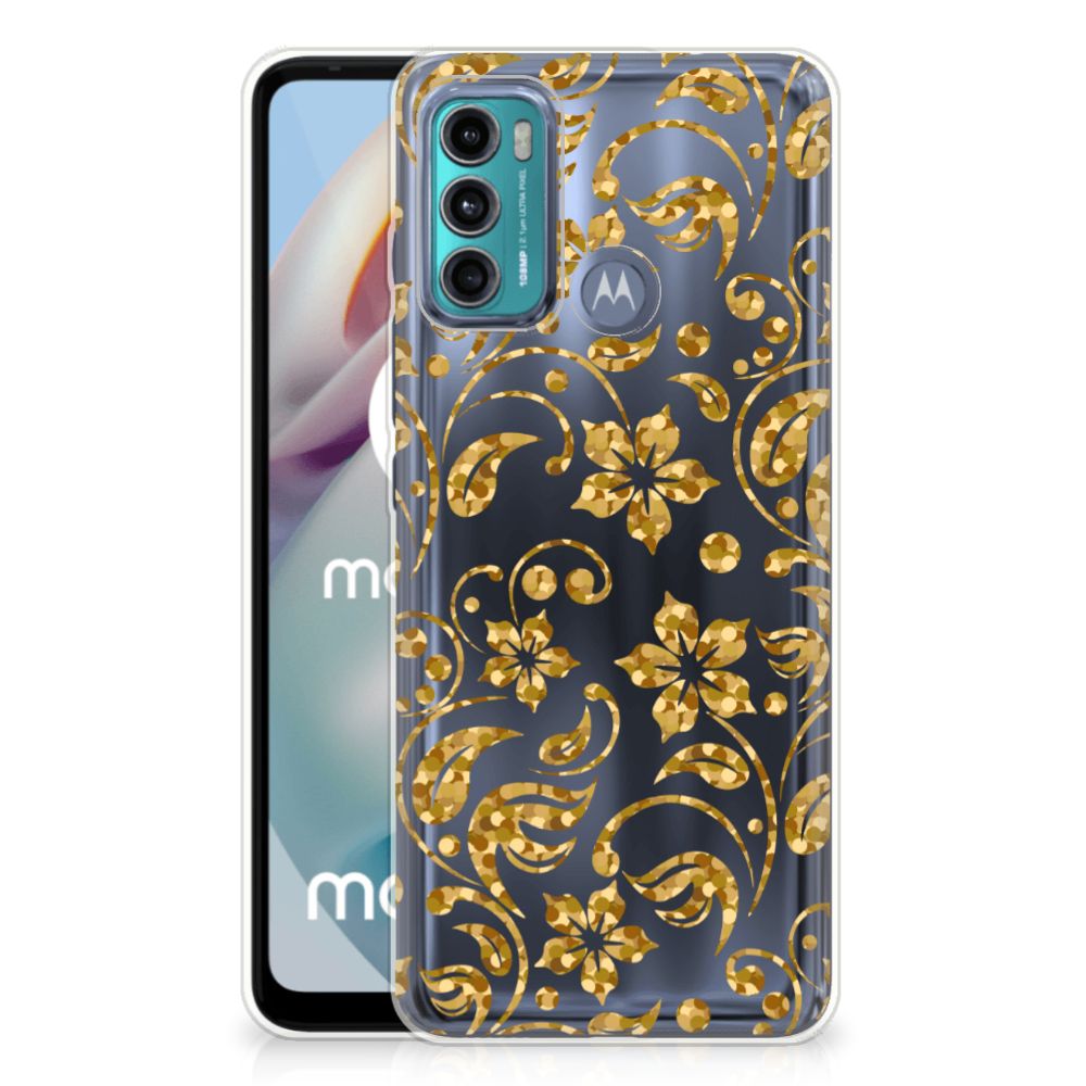 Motorola Moto G60 TPU Case Gouden Bloemen telefoonhoesje bloemen design achteraanzicht