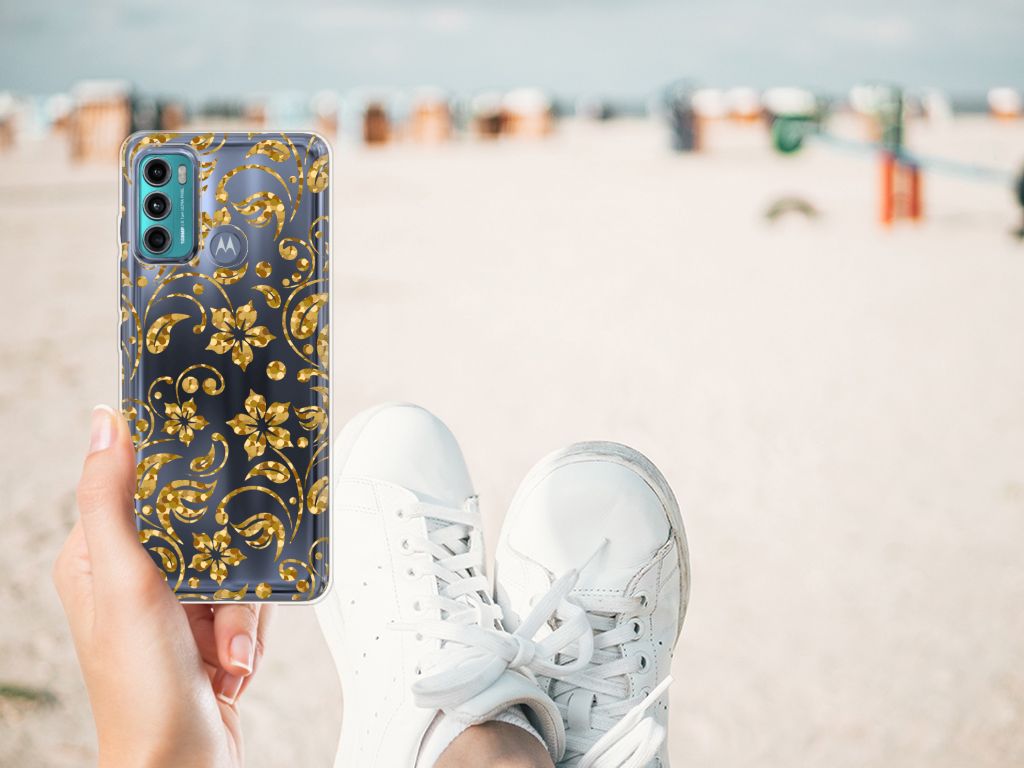 Motorola Moto G60 TPU Case Gouden Bloemen telefoonhoesje gouden bloemen design aanzicht