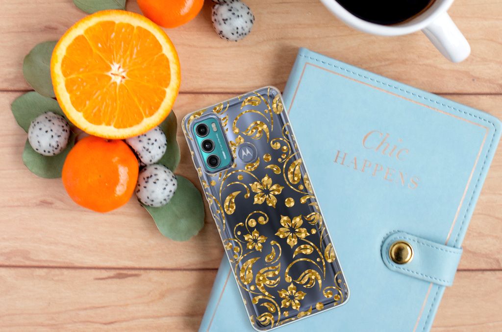 Motorola Moto G60 TPU Case Gouden Bloemen bovenkant met bloemenopdruk