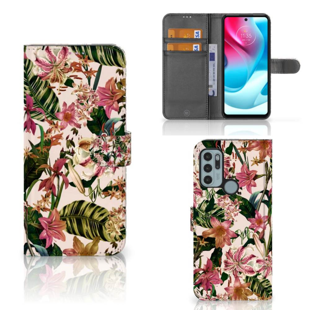 Motorola Moto G60s Hoesje Flowers bookcase tropisch bloemen design aanzicht