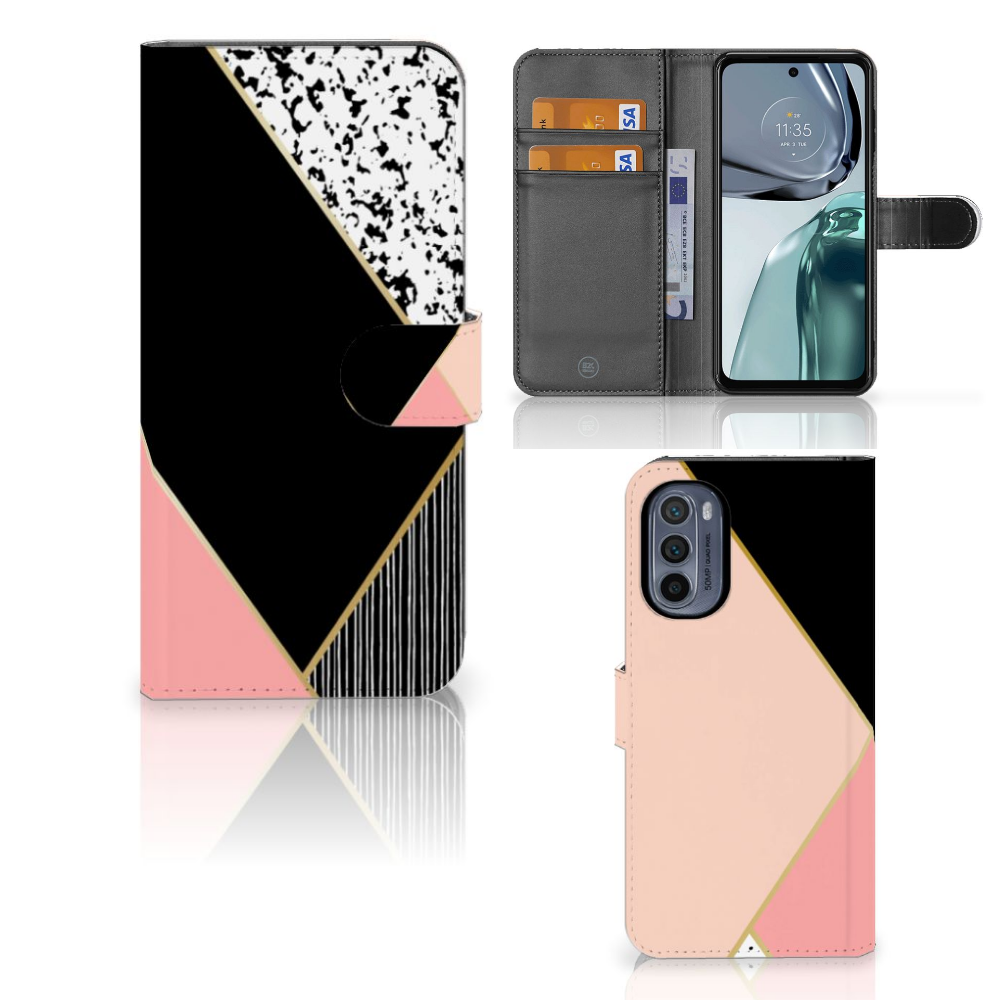 Motorola Moto G62 5G Book Case Zwart Roze Vormen bookcase geometrisch ontwerp aanzicht