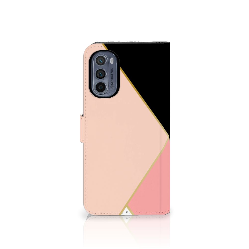 Motorola Moto G62 5G Book Case Zwart Roze Vormen bookcase geometrisch ontwerp zwart roze