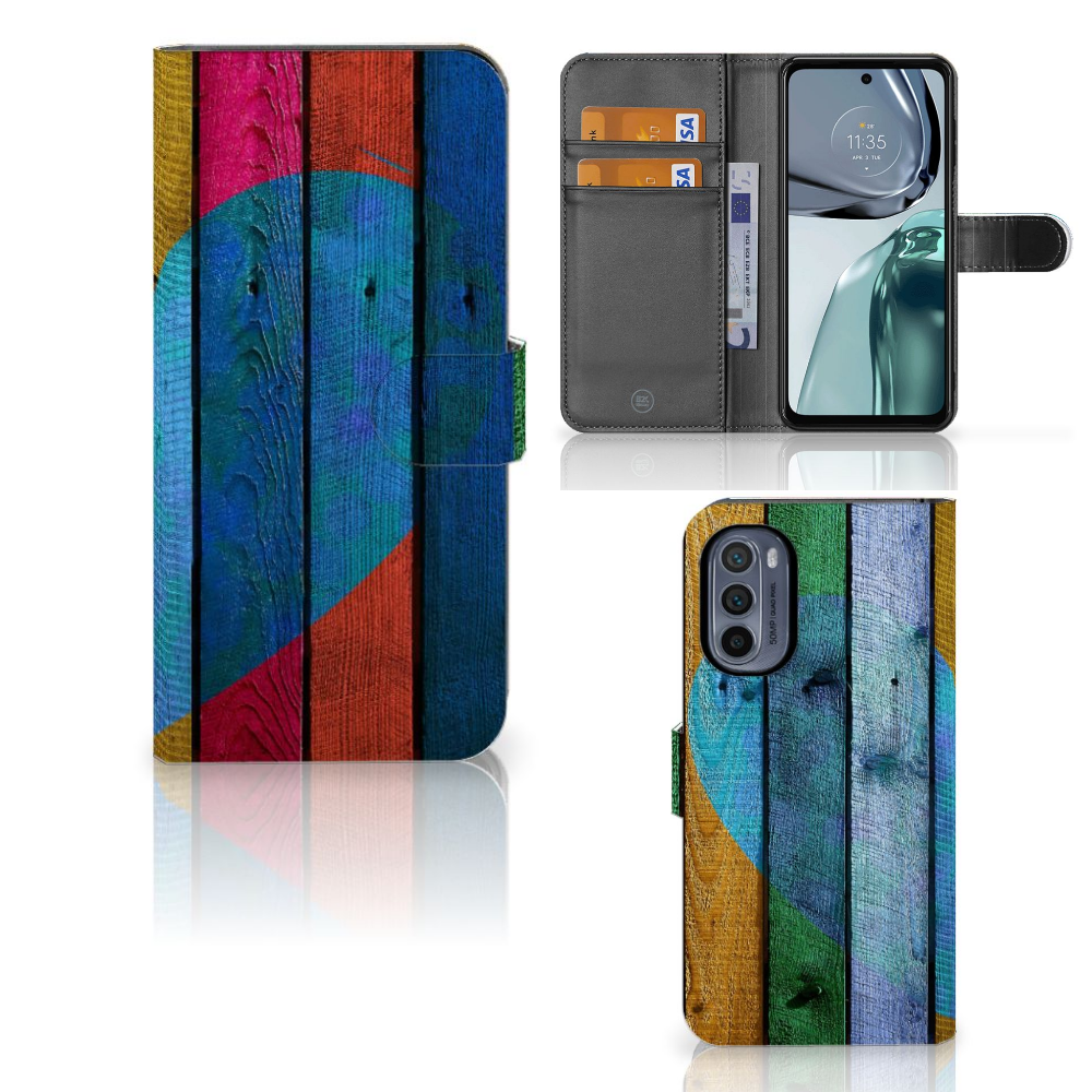 Motorola Moto G62 5G Book Style Case Wood Heart voorkant achterkant binnenkant