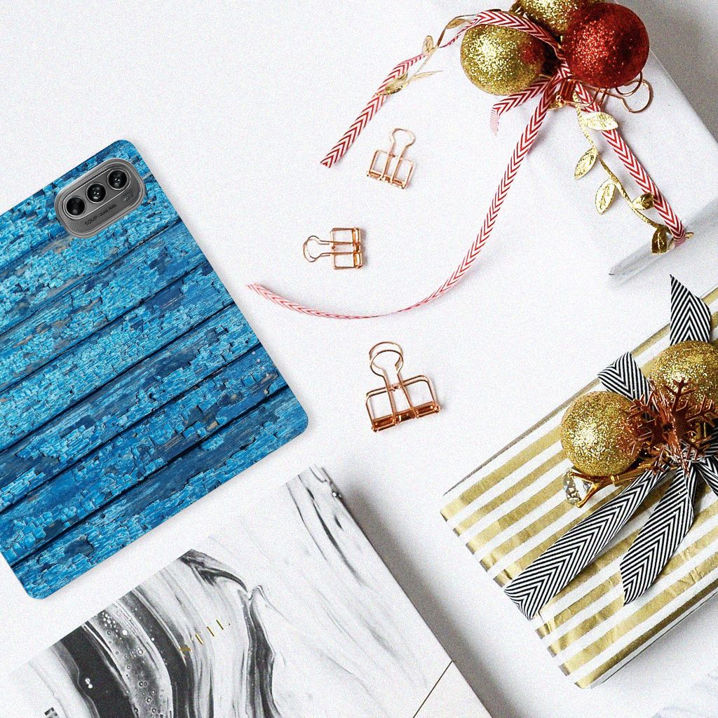 Motorola Moto G62 5G Book Wallet Case Wood Blue print houten afbeelding bovenaanzicht