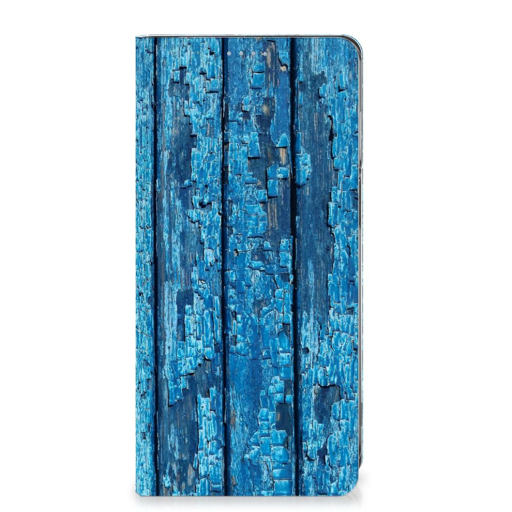 Motorola Moto G62 5G Book Wallet Case Wood Blue afgebladderd blauw hout voorzijde