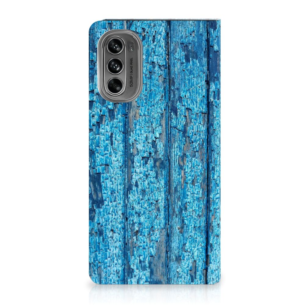 Motorola Moto G62 5G Book Wallet Case Wood Blue blauw hout design voorkant