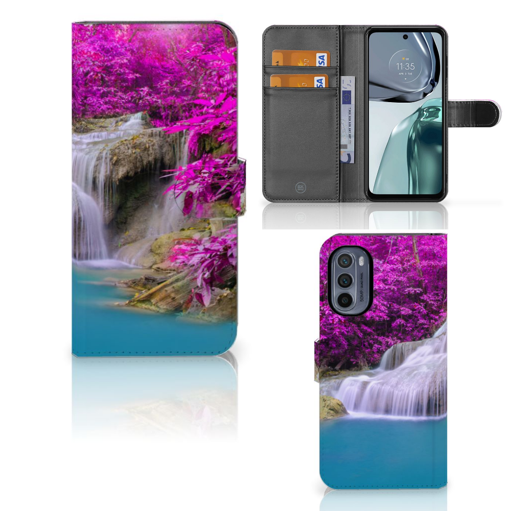 Motorola Moto G62 5G Flip Cover Waterval ontwerp waterval paarse bomen aanzicht