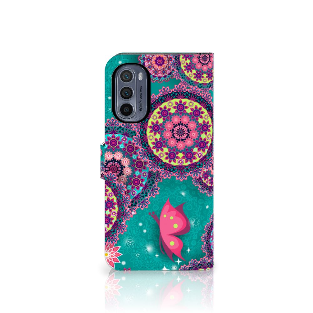 Motorola Moto G62 5G Hoesje Cirkels en Vlinders bookstyle case design cirkels vlinders aanzicht