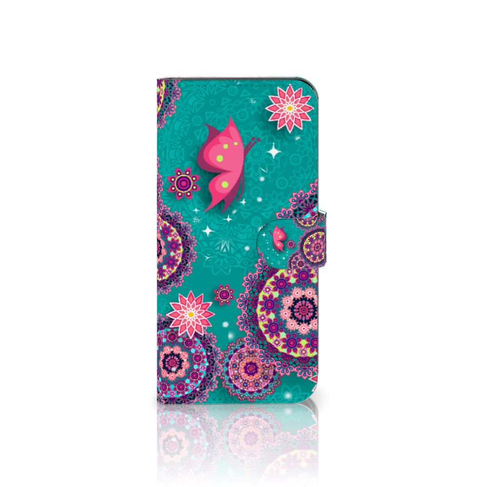 Motorola Moto G62 5G Hoesje Cirkels en Vlinders bookstyle design vlinders aanzicht
