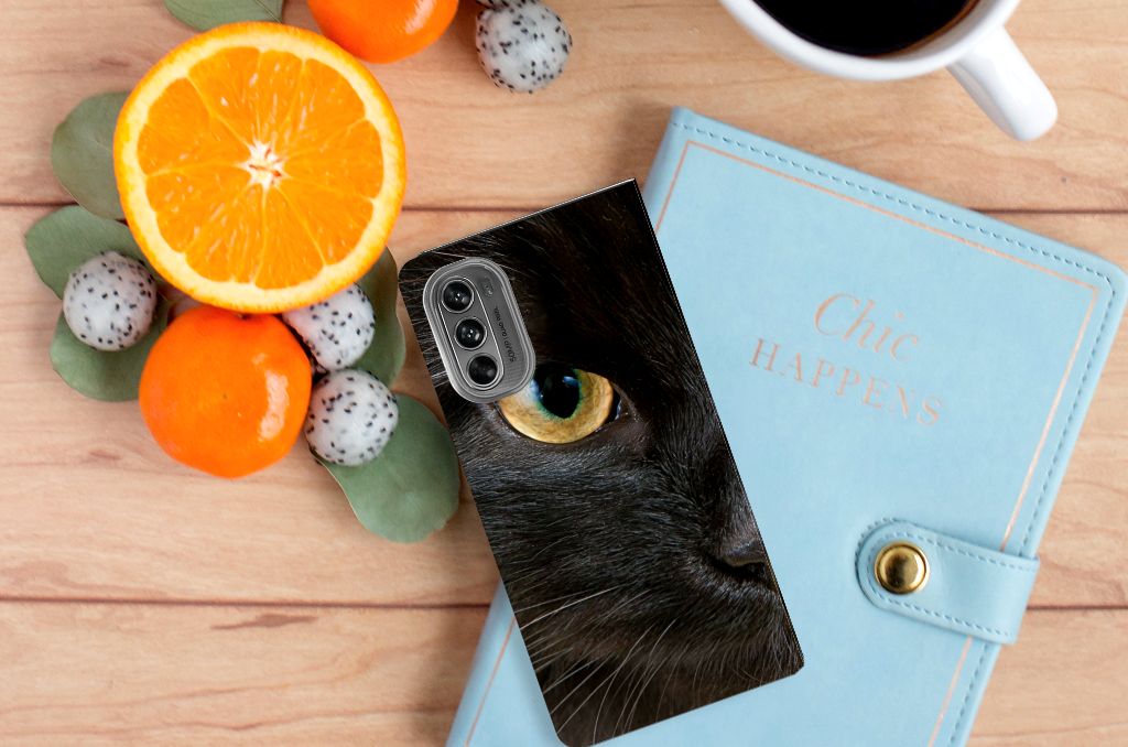 Motorola Moto G62 5G Hoesje maken Zwarte Kat design hoesje aanzicht