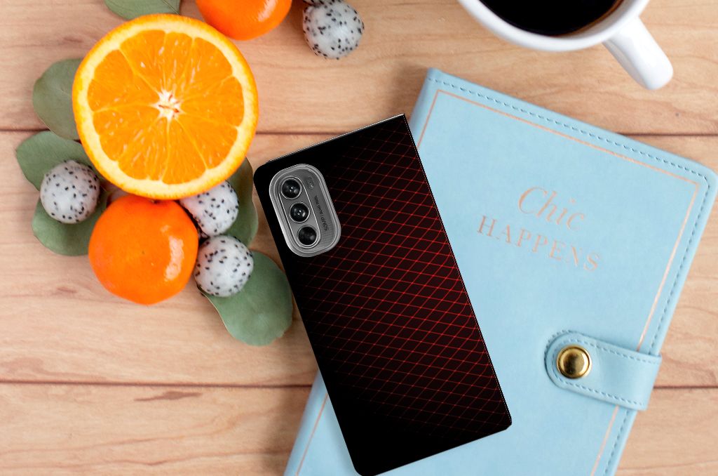 Motorola Moto G62 5G Hoesje met Magneet Geruit Rood design geruit aanzicht
