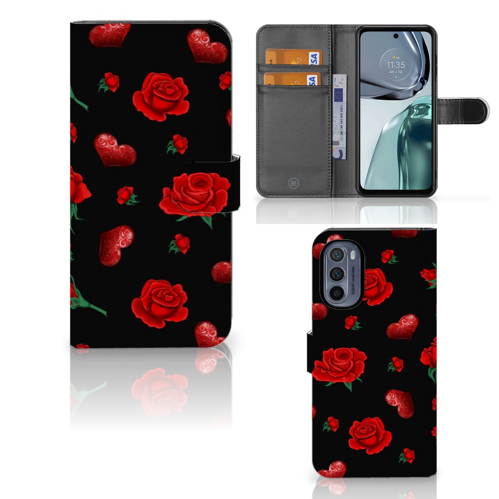 Motorola Moto G62 5G Leuk Hoesje Valentine boekhoes bloemen design voorkant binnenkant