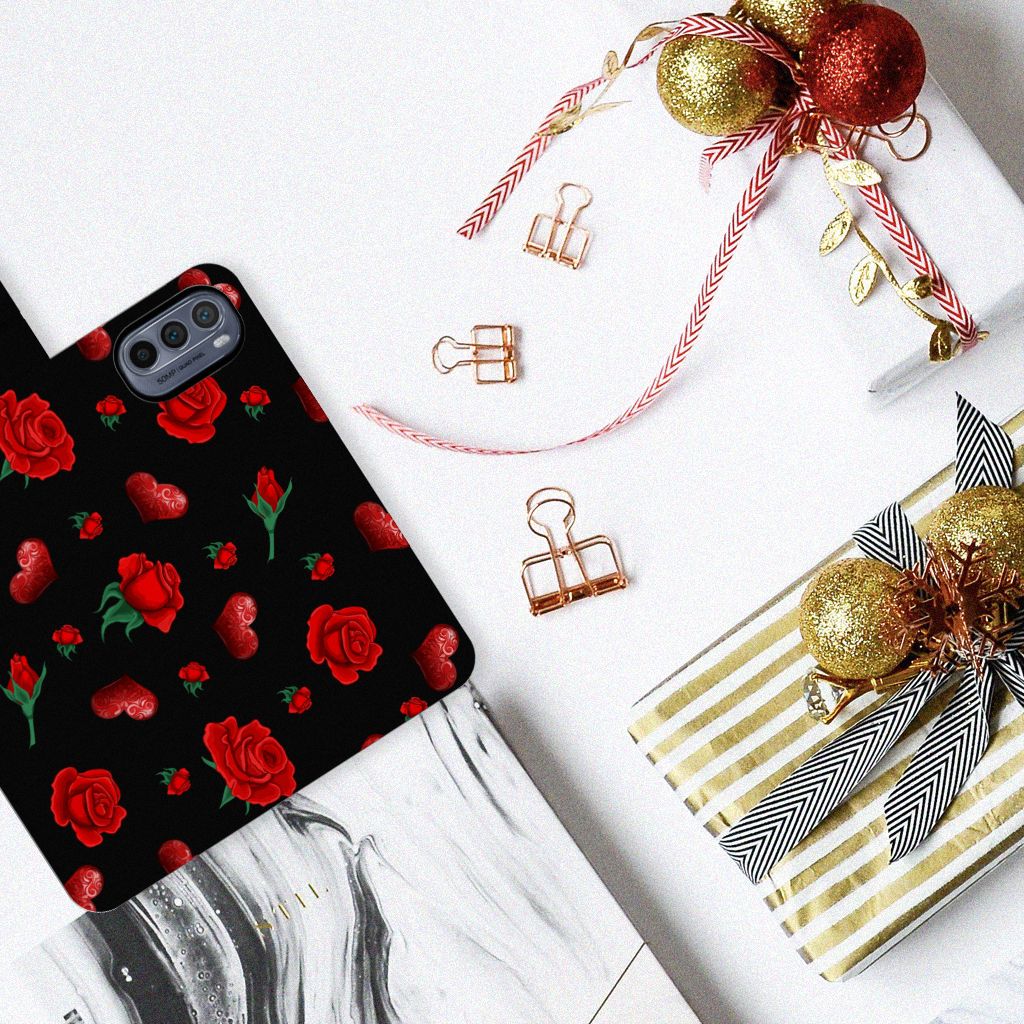Motorola Moto G62 5G Leuk Hoesje Valentine hoesje bloemen zwart