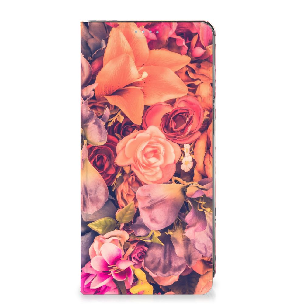 Motorola Moto G62 5G Smart Cover Bosje Bloemen bloemen oranje paars roze design aanzicht