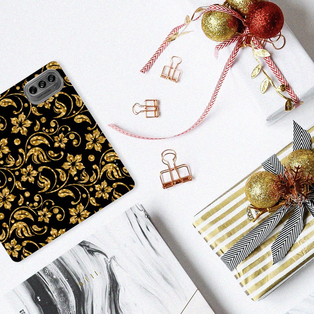 Motorola Moto G62 5G Smart Cover Gouden Bloemen zwart gouden bloemen design bovenaanzicht