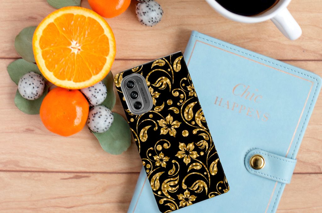 Motorola Moto G62 5G Smart Cover Gouden Bloemen design bovenaanzicht