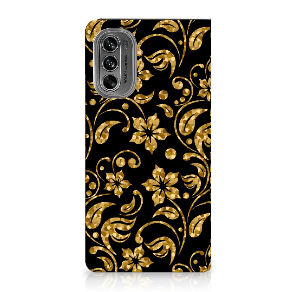 Motorola Moto G62 5G Smart Cover Gouden Bloemen design achterzijde