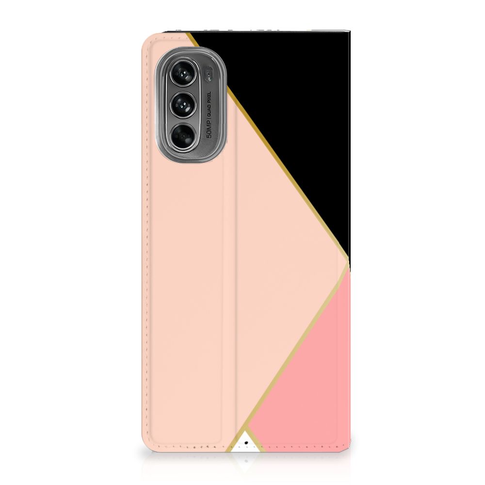 Motorola Moto G62 5G Stand Case Zwart Roze Vormen design Black Pink Shapes aanzicht