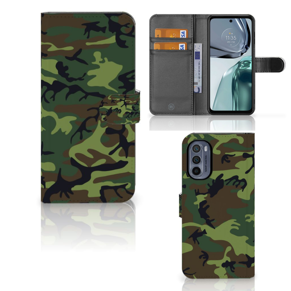 Motorola Moto G62 5G Telefoon Hoesje Army Dark telefoonhoesje camouflage print boekhoes aanzicht