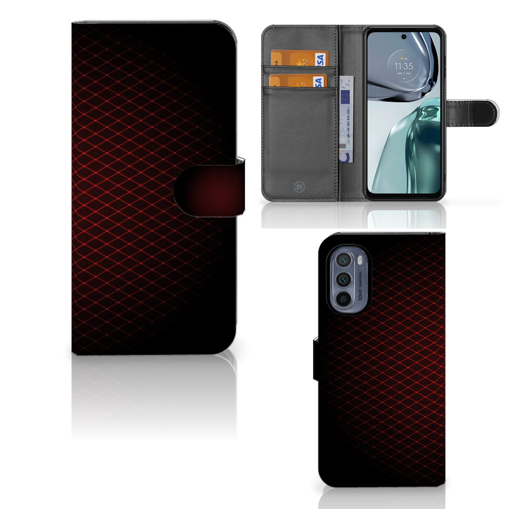 Motorola Moto G62 5G Telefoon Hoesje Geruit Rood met ruimte voor 3 pasjes en minimalistisch design.