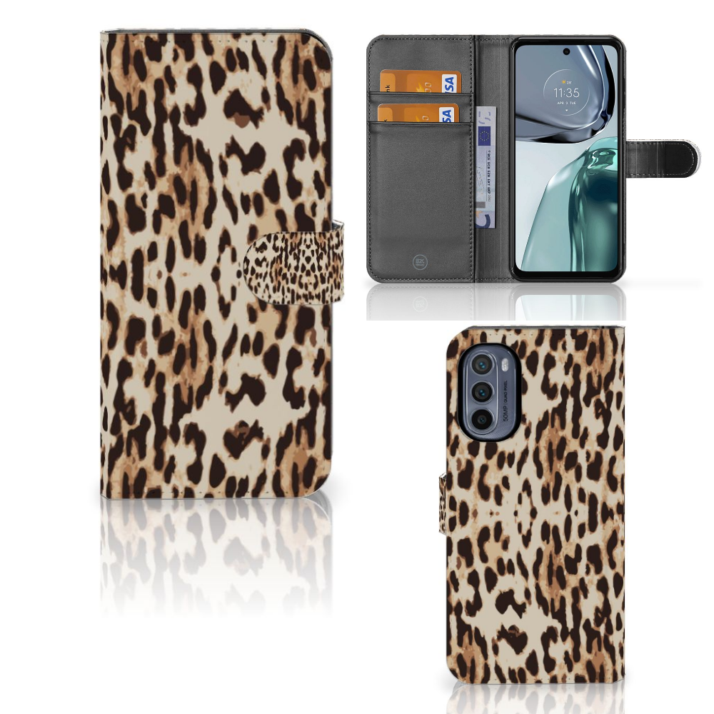 Motorola Moto G62 5G Telefoonhoesje met Pasjes Leopard hoesje design panterprint aanzicht
