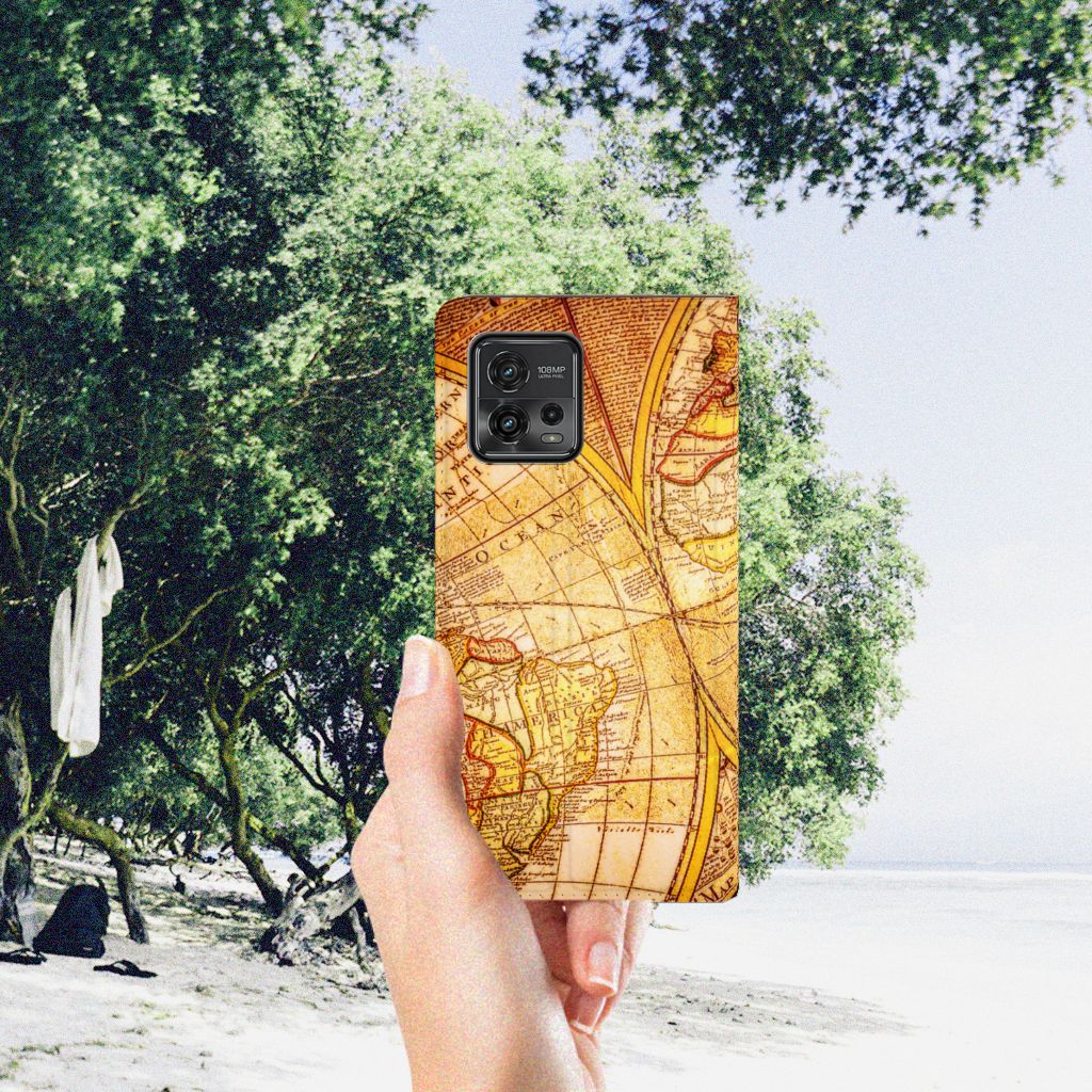 Motorola Moto G72 Book Cover Kompas met vintage kaartdesign voor optimale bescherming en stijl 🎁
