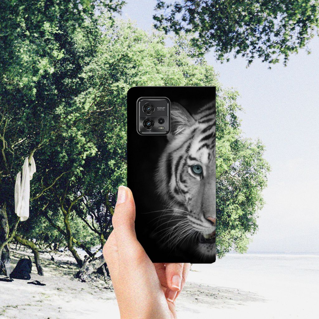 Motorola Moto G72 Hoesje maken Tijger tijger zwart wit design voorkant