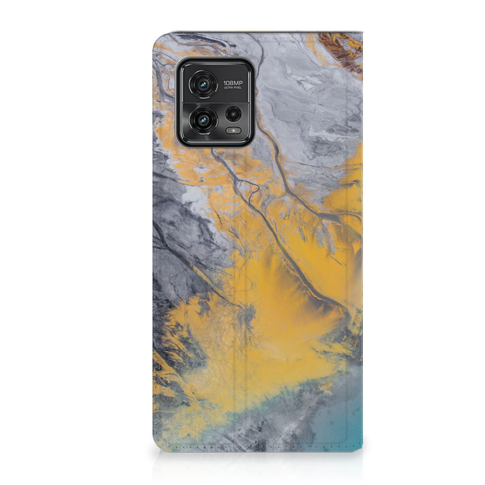 Motorola Moto G72 Standcase Marble Blue Gold design marble blauw goud aanzicht