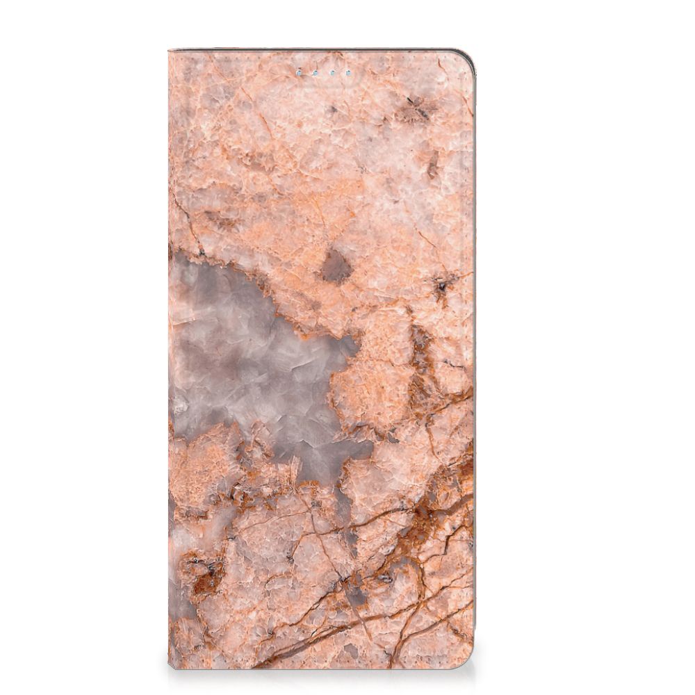 Motorola Moto G72 Standcase Marmer Oranje met prachtig marmerdesign, perfect als cadeau voor gebruiksgemak en bescherming.