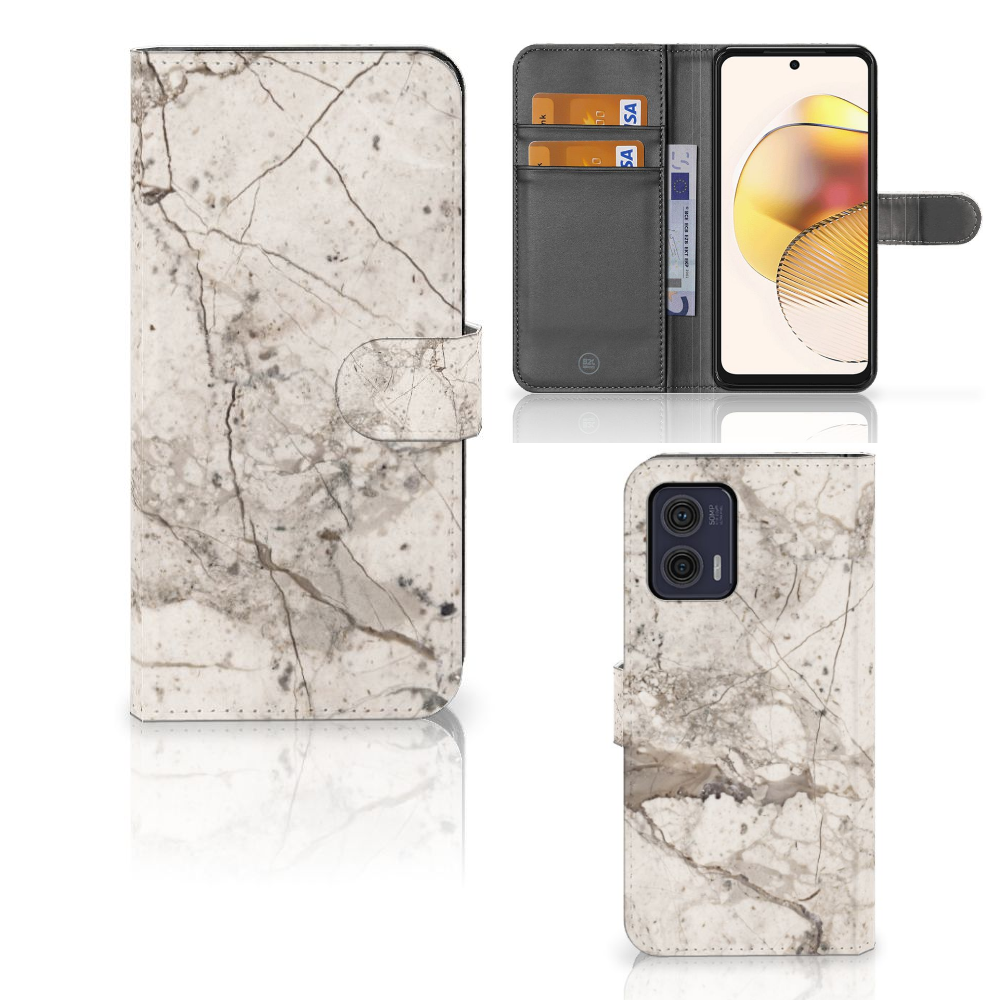 Motorola Moto G73 Bookcase Marmer Beige met pasjes, stijlvol en duurzaam, perfect cadeau voor jouw smartphone.