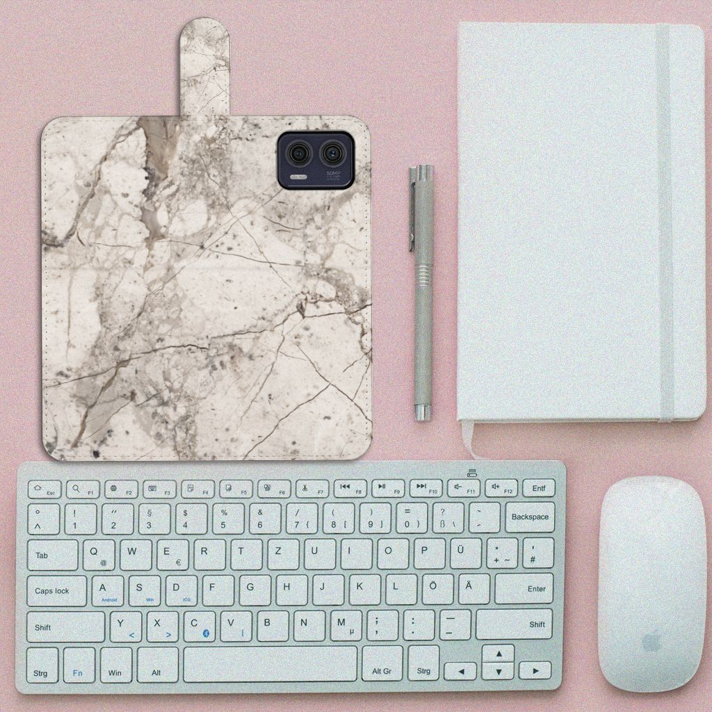Motorola Moto G73 Bookcase Marmer Beige met elegant design, ideaal cadeau voor bescherming en uitstraling.