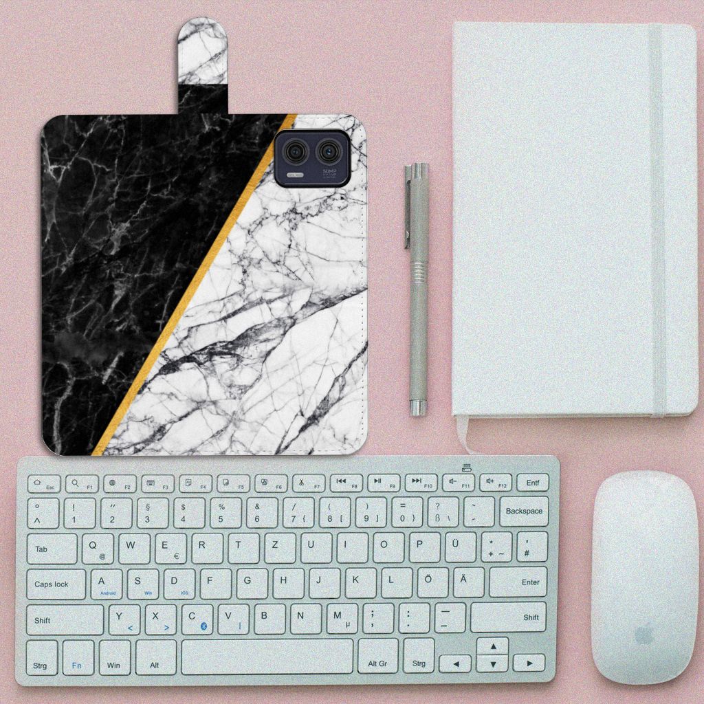 Motorola Moto G73 Bookcase Marmer Wit Zwart design marmer zwart wit aanzicht