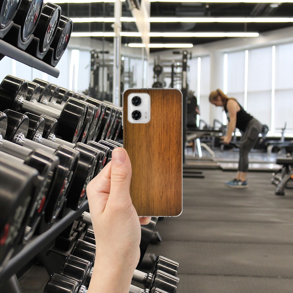Motorola Moto G73 Bumper Hoesje Donker Hout TPU case achterkant gym