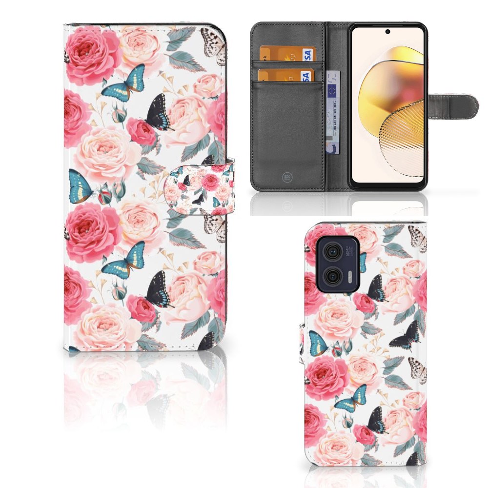 Motorola Moto G73 Hoesje Butterfly Roses boekhoes roze rozen vlinders voorkant achterkant binnenkant