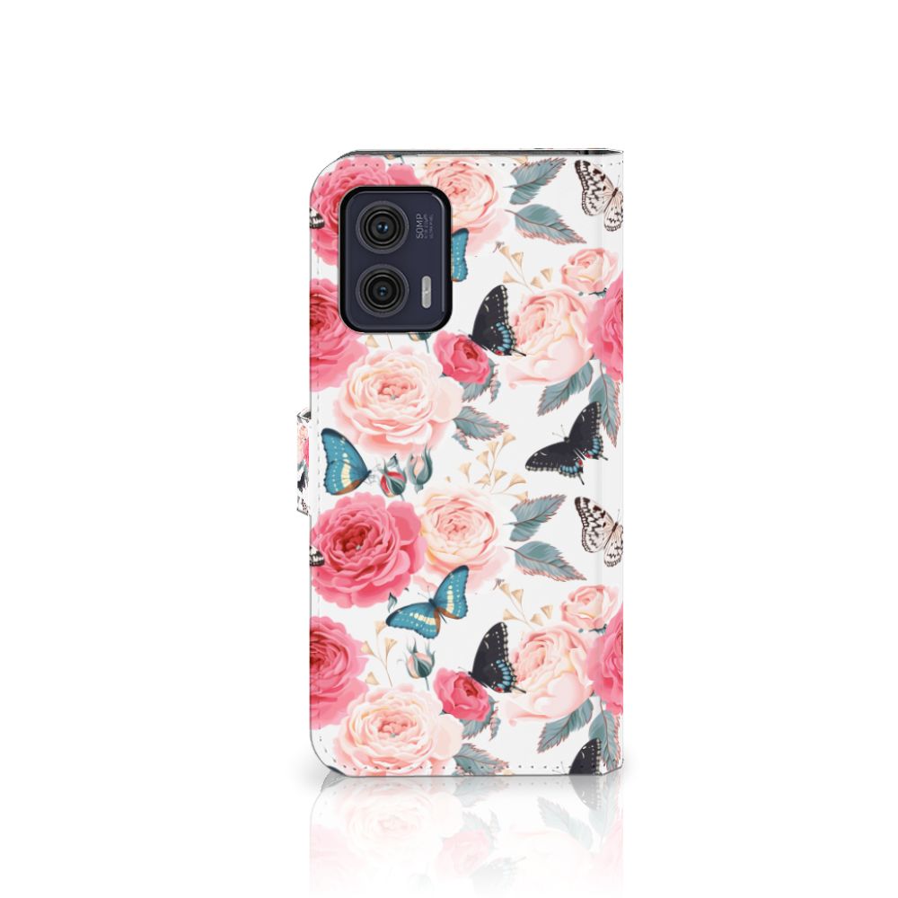 Motorola Moto G73 Hoesje Butterfly Roses bookcase pink roses butterflies side view