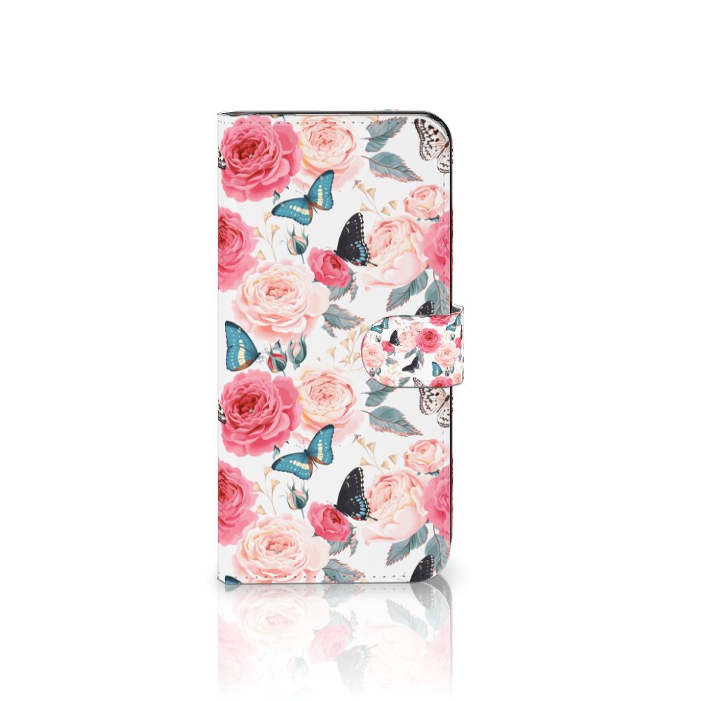 Motorola Moto G73 Hoesje Butterfly Roses bookhoesje roze vlinders rozen aanzicht