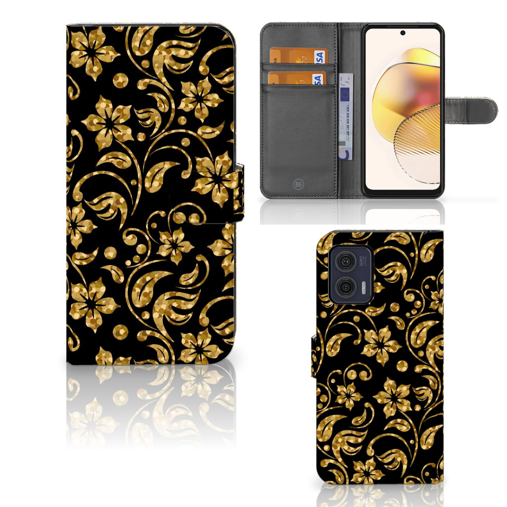 Motorola Moto G73 Hoesje Gouden Bloemen telefoonhoesje gouden bloemen design aanzicht
