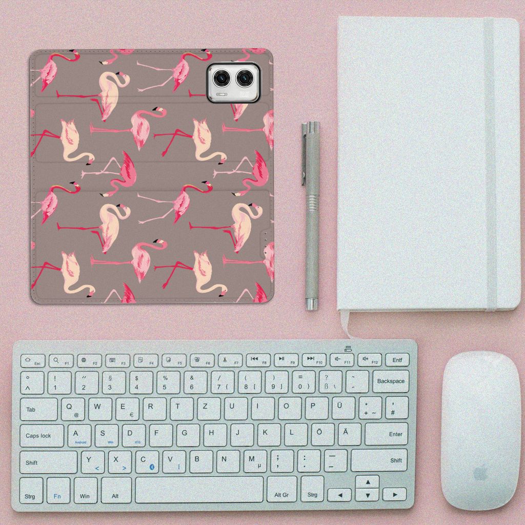 Motorola Moto G73 Hoesje maken Flamingo flamingo design bovenaanzicht