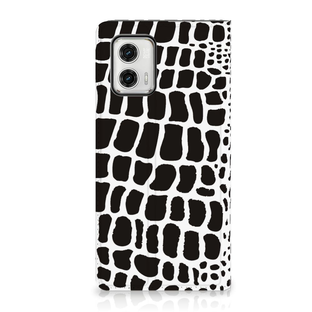 Motorola Moto G73 Hoesje maken Slangenprint stand case zwart wit slangenprint vooraanzicht