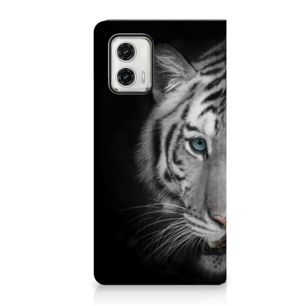 Motorola Moto G73 Hoesje maken Tijger met afbeelding van een witte tijger in zwart-wit 🐅.